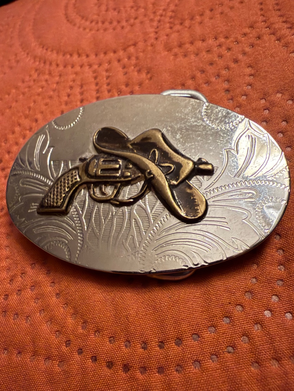 Vintage Silver and Brass Cowboy Hat & Revolver Belt Buckle